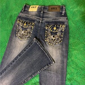 Sky Women's Boot Cut Jeans with Embellished Pockets - Blue